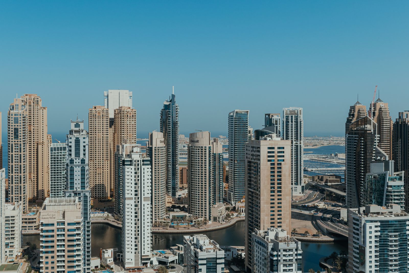A cluster of upscale residential towers in Dubai Marina